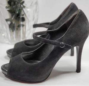 Dark Grey Suede Peep-Toe Mary Jane Heels Sz 8.5